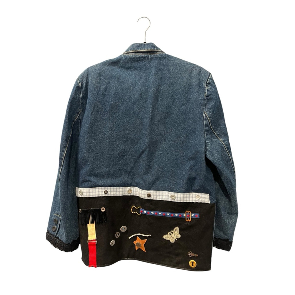 Vintage Gasoline Denim Western Jean Blazer Jacket Size Medium Trim Leather